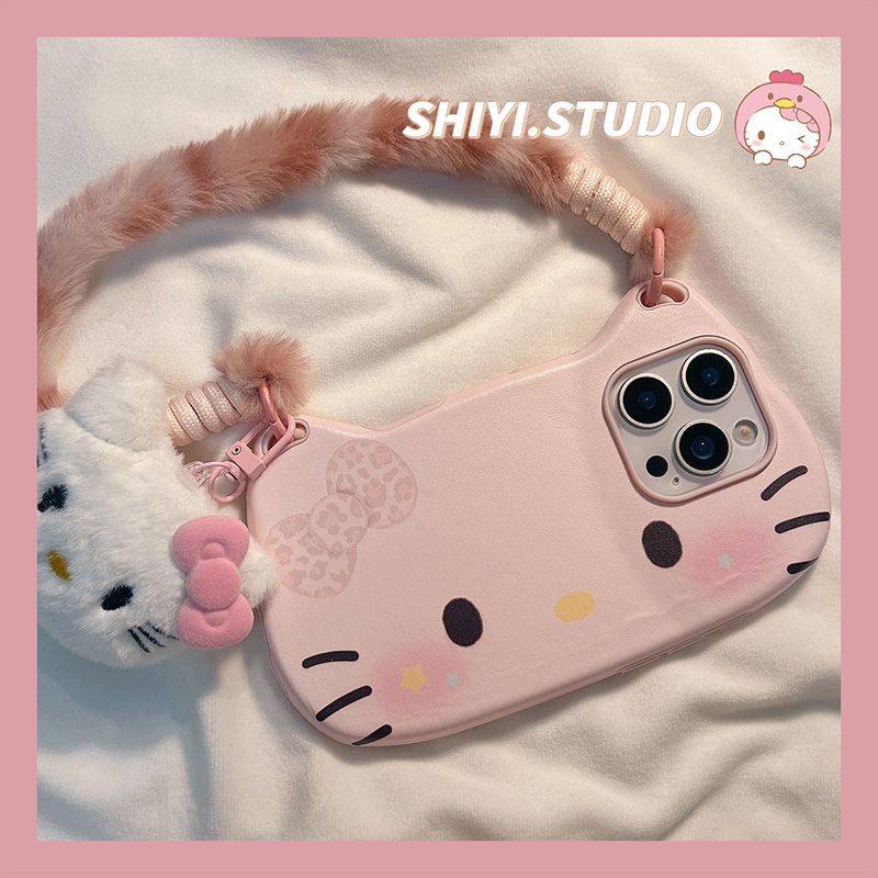 可爱粉色HelloKitty适用苹果17promax手机壳毛绒腕带16pro新款iphon17卡通15pro女款15pm硅胶14防摔13软皮质