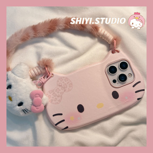 可爱粉色HelloKitty适用苹果17promax手机壳毛绒腕带16pro新款 15pm硅胶14防摔13软皮质 iphon17卡通15pro女款