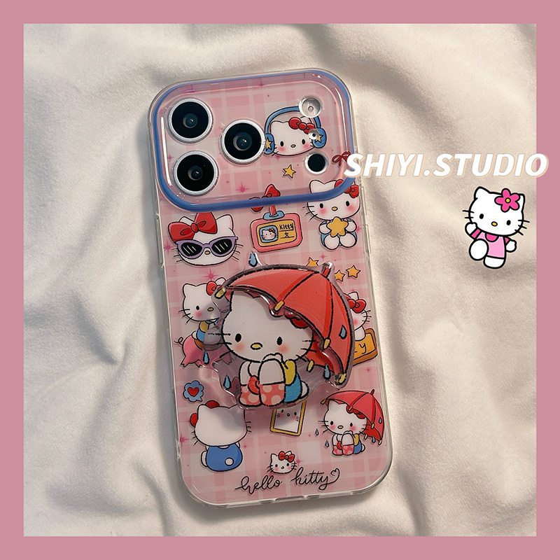 可爱粉格子雨伞kitty支架适用苹果17promax手机壳16pro新款iphon17日韩15pro女款15硅胶14防摔13卡通双层硬壳