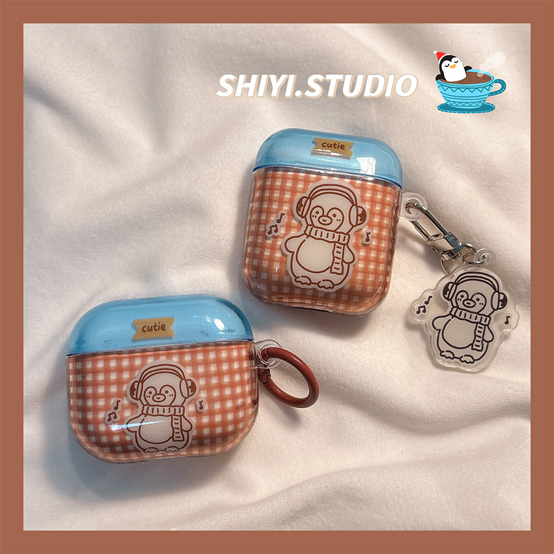 拼色蓝棕格子企鹅带挂饰适用AirPods4保护套新款Pro2苹果耳机壳1/2代无线蓝牙3代airpodspro三代软防摔保护壳