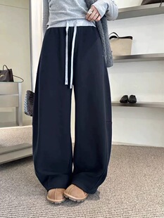 蒂娜006春新款 2026年潮 简约松紧腰抽绳休闲女宽松显瘦阔腿弯刀裤