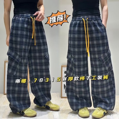 蒂娜2025秋新款时尚百搭松紧腰抽绳格子休闲裤女洋气减龄弯刀裤