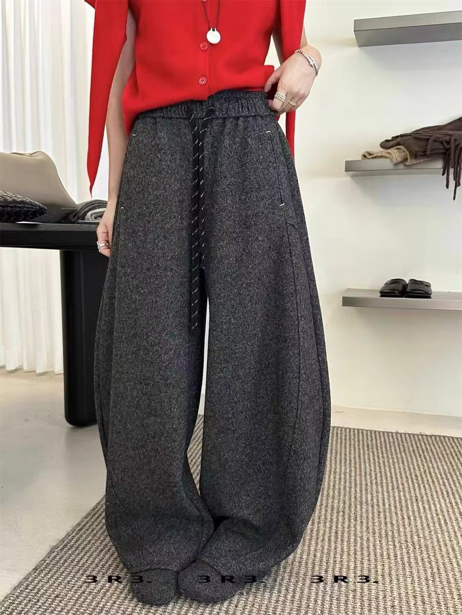 蒂娜冬新款时尚加绒百搭松紧腰抽绳休闲裤女洋气减龄弯刀裤气球裤