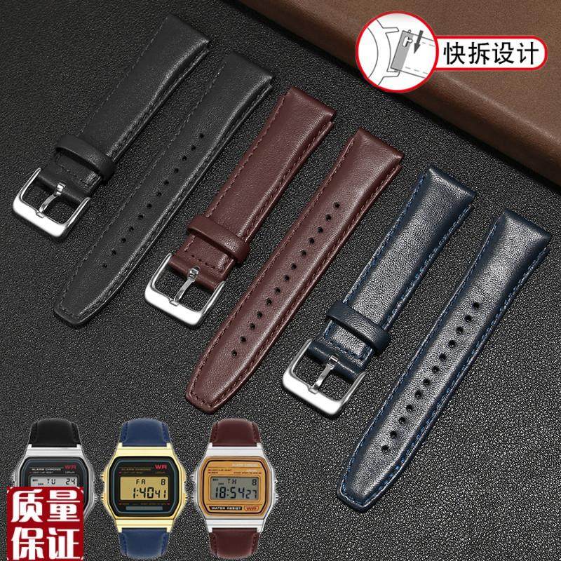 适用卡西欧小方块真皮表带A159W-N1A158WAF-91牛U皮表链男女18m