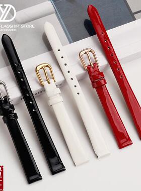 平纹真皮手表带女通用小尺寸牛皮纤C细亮面漆皮表链68101214m