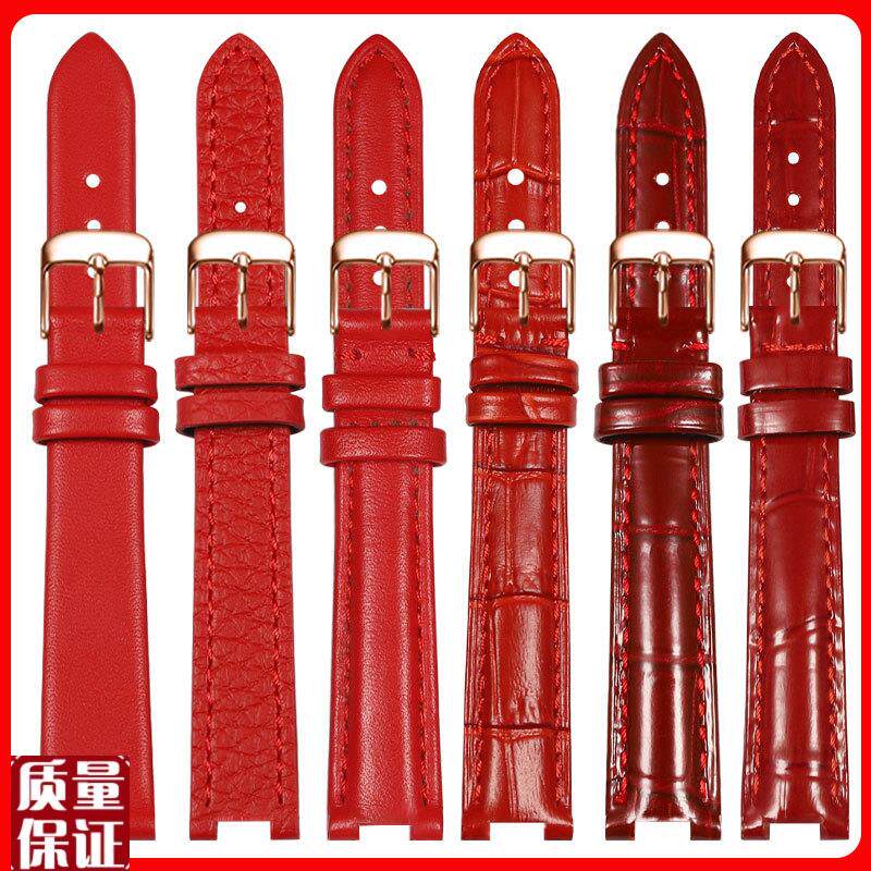 凹口表带女士真i皮适配罗西尼飞亚达天梭天王卡西欧依波红色手表