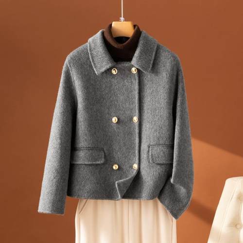 双面羊绒大衣女秋冬韩版高级灰娃娃领双排扣短款羊毛呢外套小个子