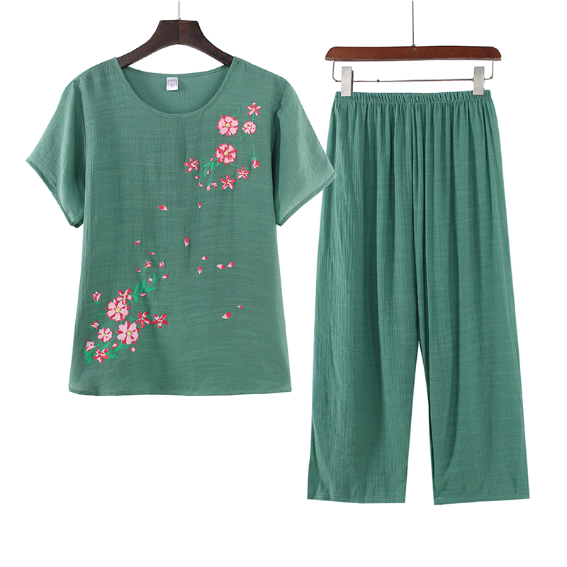 老年人睡衣女夏季套装可外穿中年仿棉麻女士短袖奶奶妈妈装家居服简约纯色印花