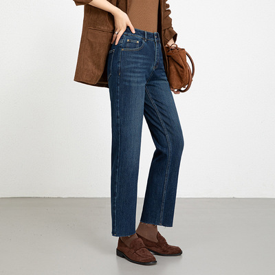 2025冬新款植绒四面弹牛仔毛边直筒九分裤女高腰加厚修身显瘦休闲