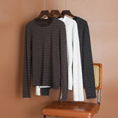 条纹长袖 春秋上衣 复古圆领正肩显瘦打底衫 T恤女2026早春新款 经典