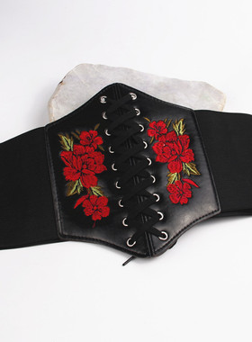 包邮 复古刺绣双花绑绳  黑色腰带欧美超宽宫廷风 松紧弹力宽腰封