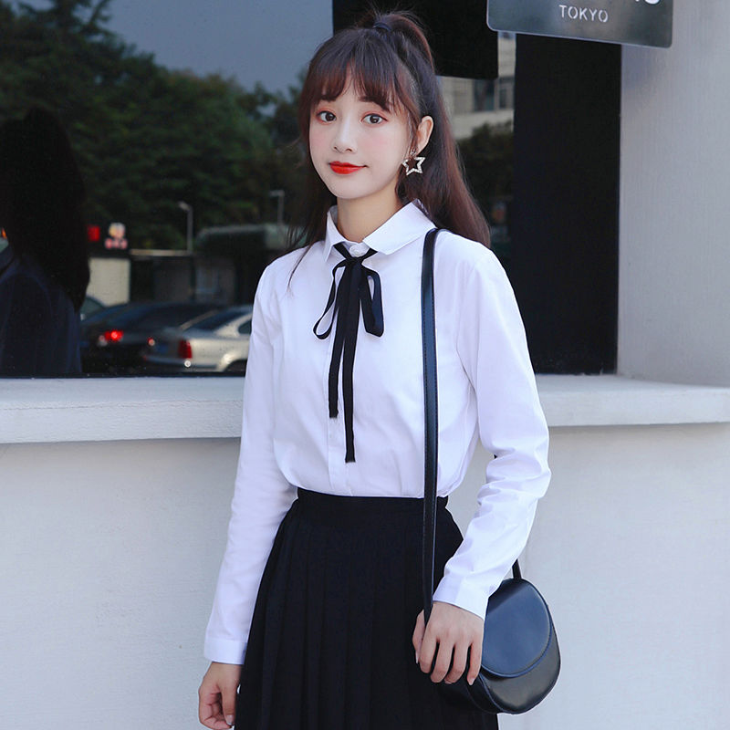 衬衣女蝴蝶结宽松系带韩版学生学院风工作职业长袖领带正装白衬衫
