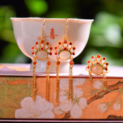 S925银镀18K金镶和田白玉蛋面凤冠汉服配饰复古套装戒指耳坠耳饰