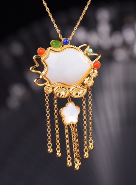 S925银镀18K金镶和田白玉盾牌珐琅宫廷复古吊坠汉服配饰玉坠项链