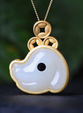 S925银镀18K金镶和田玉发财狗珐琅宫廷复古吊坠汉服配饰玉坠项链