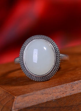 S925银镀18K金镶和田玉白玉蛋面女宫廷复古戒指戒圈汉服配饰指环