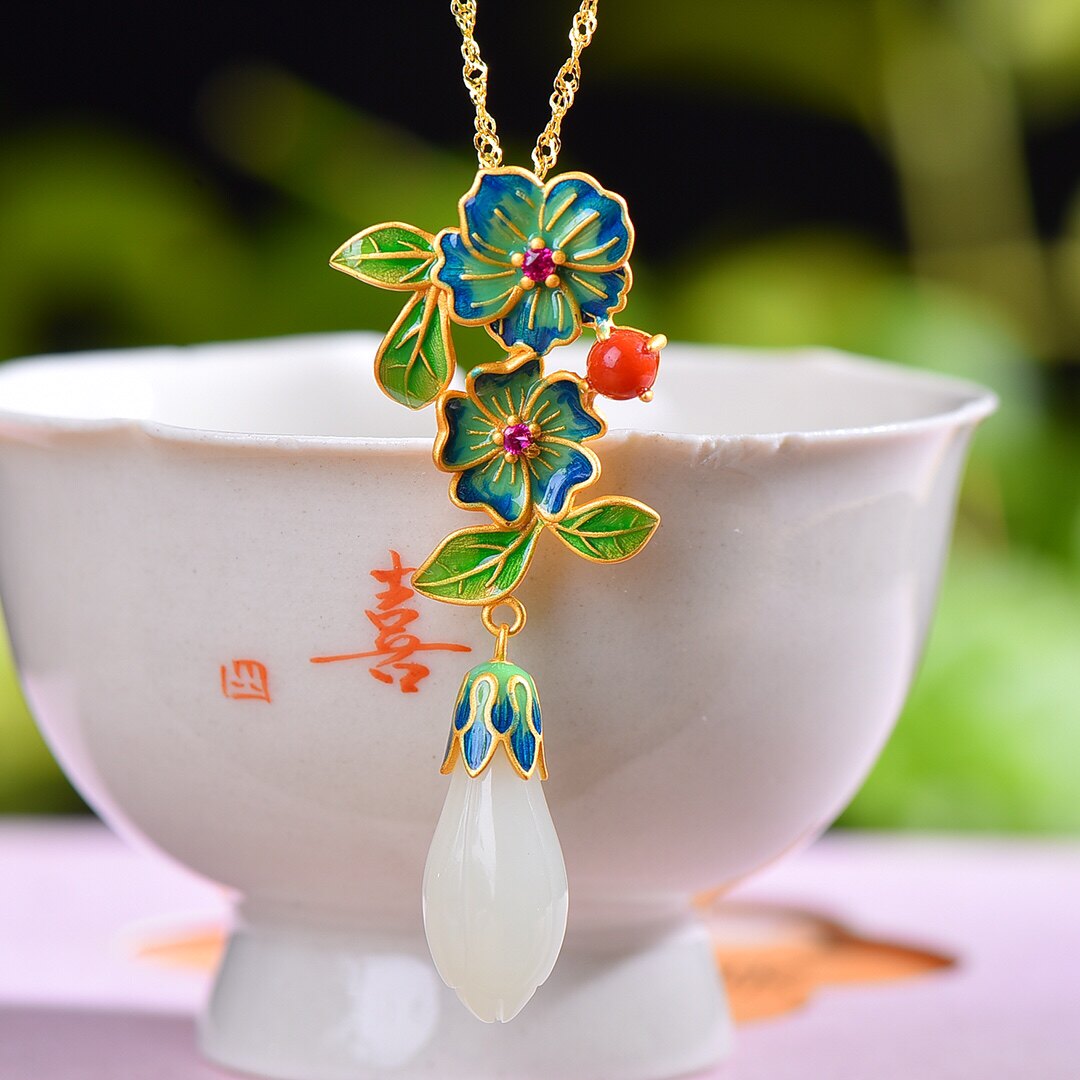 S925银镀18K金镶和田玉白玉玉兰花宫廷复古吊坠汉服配饰玉坠项链