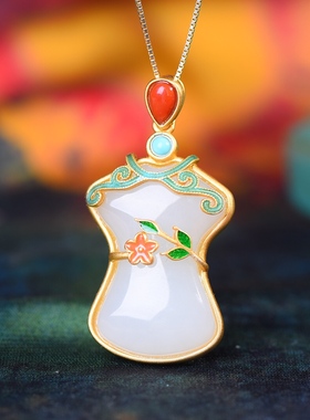 S925银镀18K金镶和田白玉旗袍珐琅宫廷复古吊坠汉服配饰玉坠项链