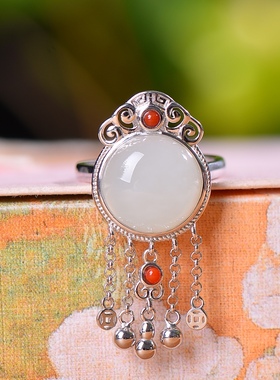 S925银镀18K金镶和田玉白玉鼓面女宫廷复古戒指戒圈汉服配饰指环