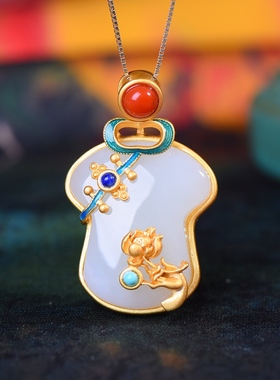 S925银镀18K金镶和田白玉旗袍珐琅宫廷复古吊坠汉服配饰玉坠项链