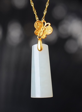 S925银镀18K金镶和田白玉柱形珐琅宫廷复古吊坠汉服配饰玉坠项链