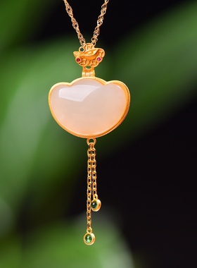 S925银镀18K金镶和田白玉香囊珐琅宫廷复古吊坠汉服配饰玉坠项链