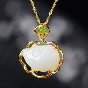 S925银镀18K金镶和田玉发财猪珐琅宫廷复古吊坠汉服配饰玉坠项链