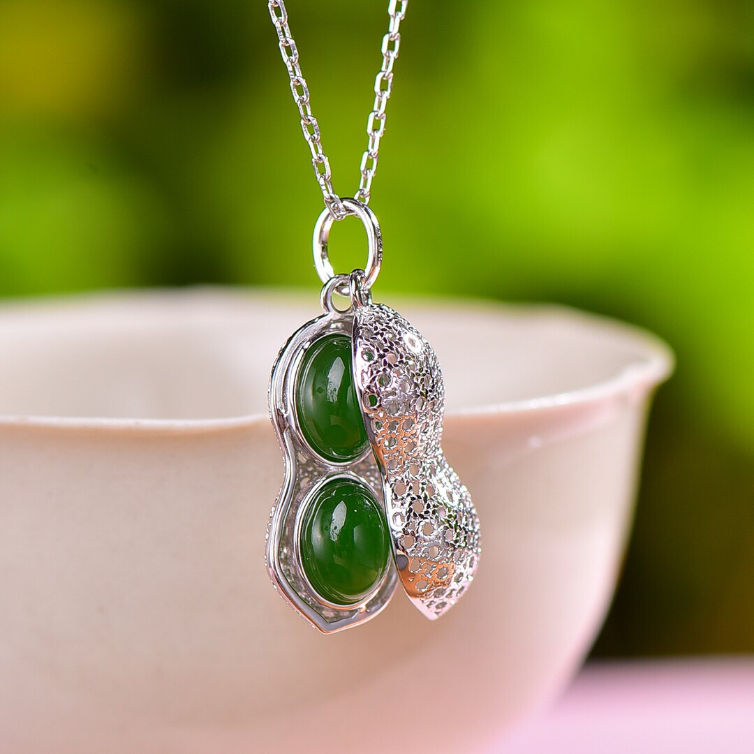 S925银镀18K金镶和田玉碧玉花生女宫廷复古吊坠汉服配饰玉坠项链