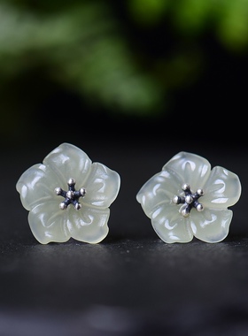 S925银镀18K金镶新疆和田玉竹叶青紫荆花复古女耳钉耳坠耳线耳饰