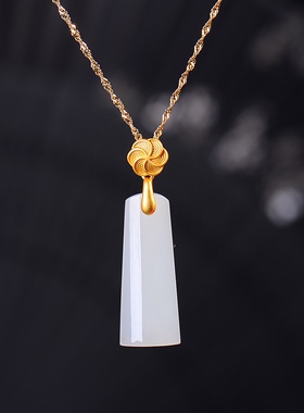 S925银镀18K金镶和田白玉梯形珐琅宫廷复古吊坠汉服配饰玉坠项链