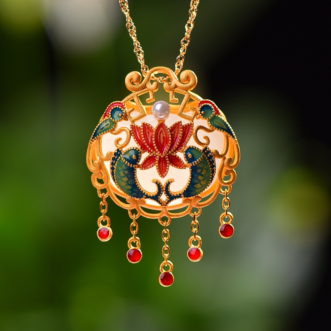 S925银镀18K金镶和田白玉如意锁珐琅女复古吊坠汉服配饰玉坠项链