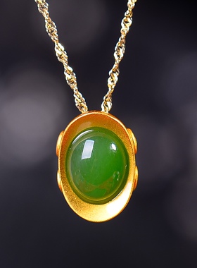 S925银镀18K金镶和田碧玉元宝珐琅宫廷复古吊坠汉服配饰玉坠项链