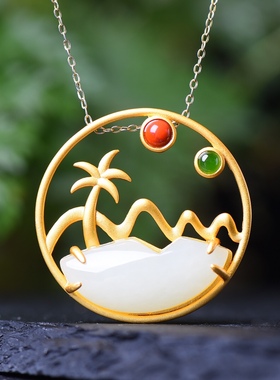 S925银镀18K金镶和田白玉异形珐琅宫廷复古吊坠汉服配饰玉坠项链