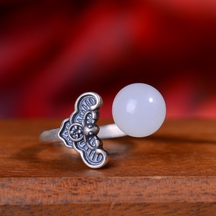 S925银镀18K金镶和田玉8m半孔白玉珠复古女戒指戒圈汉服配饰指环