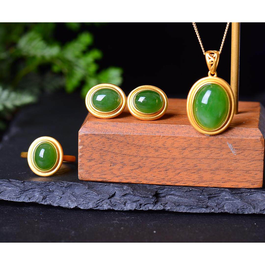 S925银镀18K金镶和田碧玉蛋面汉服配饰复古套装吊坠戒指耳坠一套