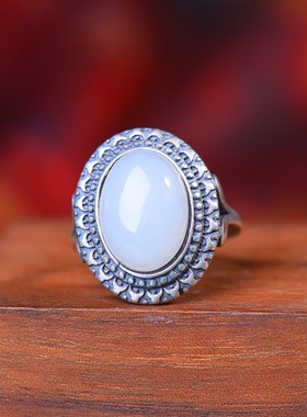 S925银镀18K金镶和田玉白玉蛋面女宫廷复古戒指戒圈汉服配饰指环