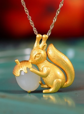 S925银镀18K金镶和田白玉松鼠珐琅宫廷复古吊坠汉服配饰玉坠项链