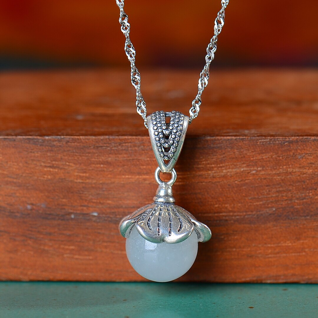 S925银镀18K金镶和田白玉圆珠珐琅宫廷复古吊坠汉服配饰玉坠项链