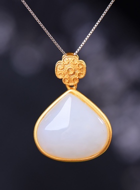 S925银镀18K金镶和田白玉异形珐琅宫廷复古吊坠汉服配饰玉坠项链