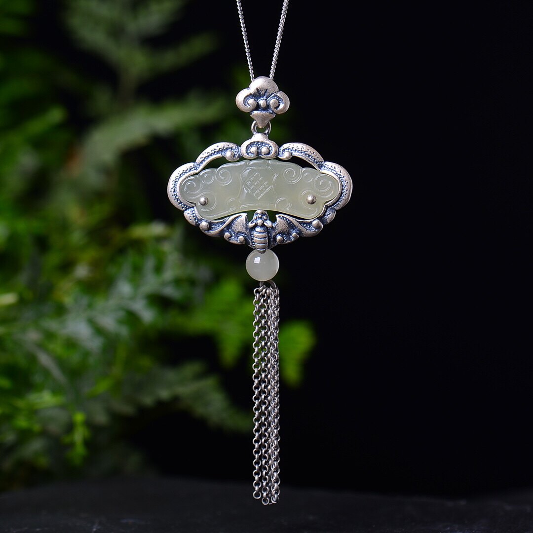 S925银镀18K金镶和田白玉富贵如意珐琅复古吊坠汉服配饰玉坠项链