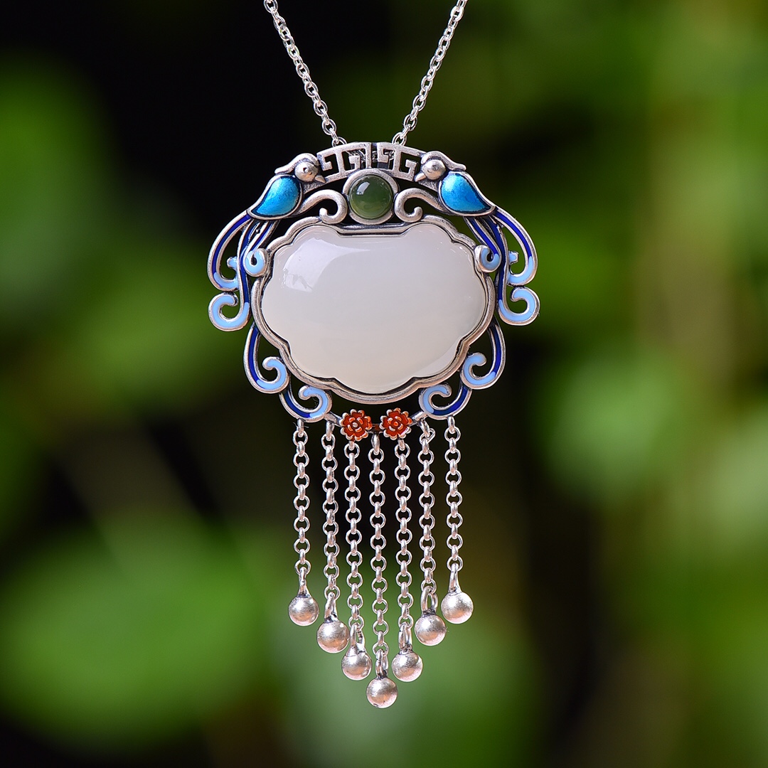 S925银镀18K金镶和田玉白玉如意锁宫廷复古吊坠汉服配饰玉坠项链