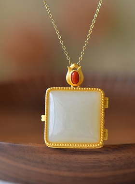 S925银镀18K金镶和田白玉方形珐琅宫廷复古吊坠汉服配饰玉坠项链