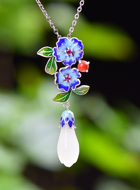 S925银镀18K金镶和田玉白玉玉兰花宫廷复古吊坠汉服配饰玉坠项链