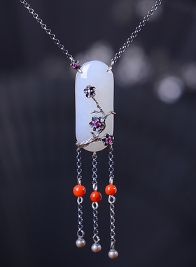 S925银镀18K金镶和田白玉柱形珐琅宫廷复古吊坠汉服配饰玉坠项链