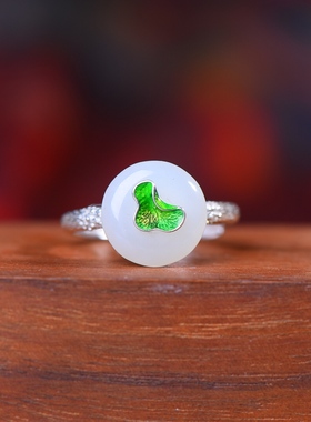 S925银镀18K金镶和田玉白玉平安扣宫廷复古戒指戒圈汉服配饰指环