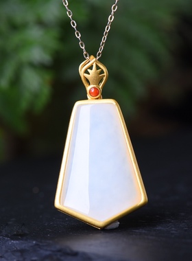 S925银镀18K金镶和田白玉梯形珐琅宫廷复古吊坠汉服配饰玉坠项链