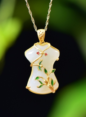 S925银镀18K金镶和田白玉旗袍珐琅宫廷复古吊坠汉服配饰玉坠项链