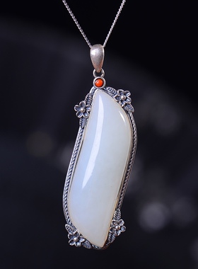 S925银镀18K金镶和田白玉柳叶珐琅宫廷复古吊坠汉服配饰玉坠项链