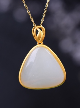 S925银镀18K金镶和田玉三角形珐琅宫廷复古吊坠汉服配饰玉坠项链