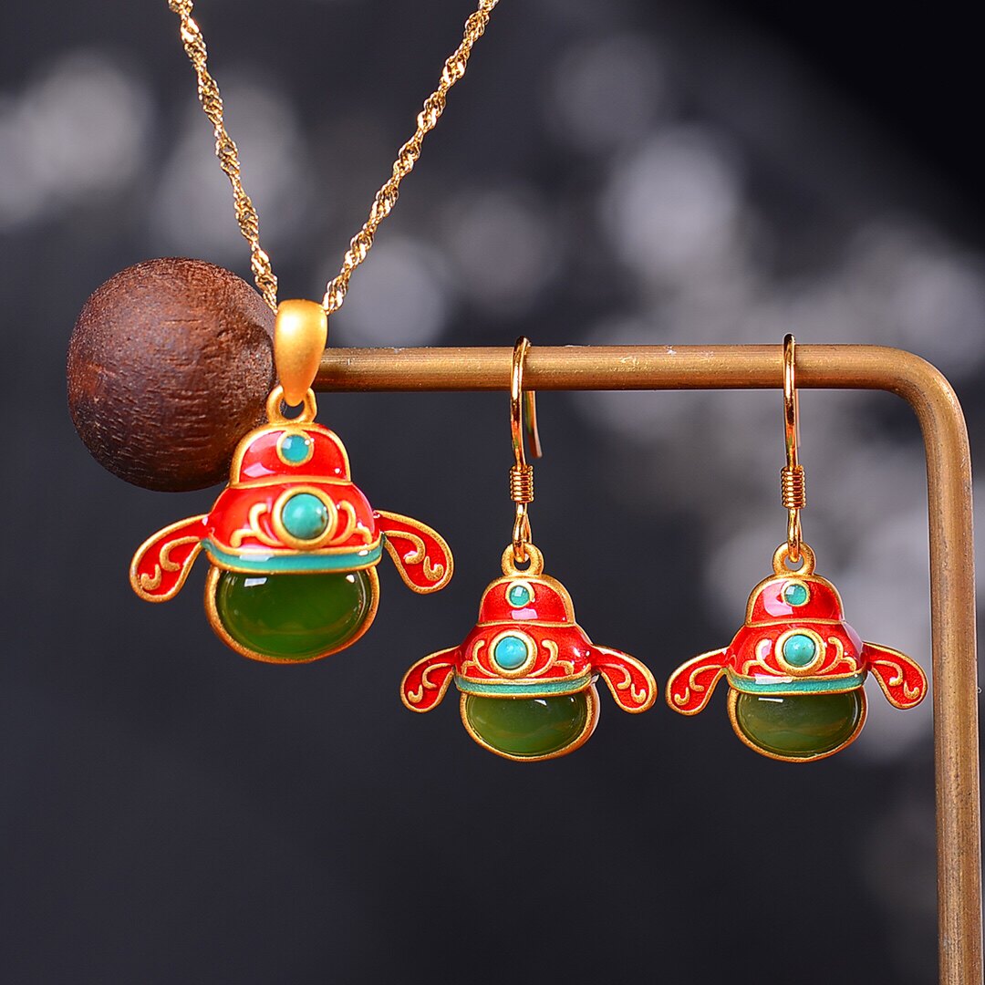 S925银镀18K金镶和田碧玉蛋面汉服配饰复古套装吊坠项链女士耳坠